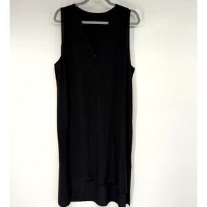 Eileen Fisher Silk Dress Size L Black Sleeveless Button Up V-Neck Asymmetric Hem